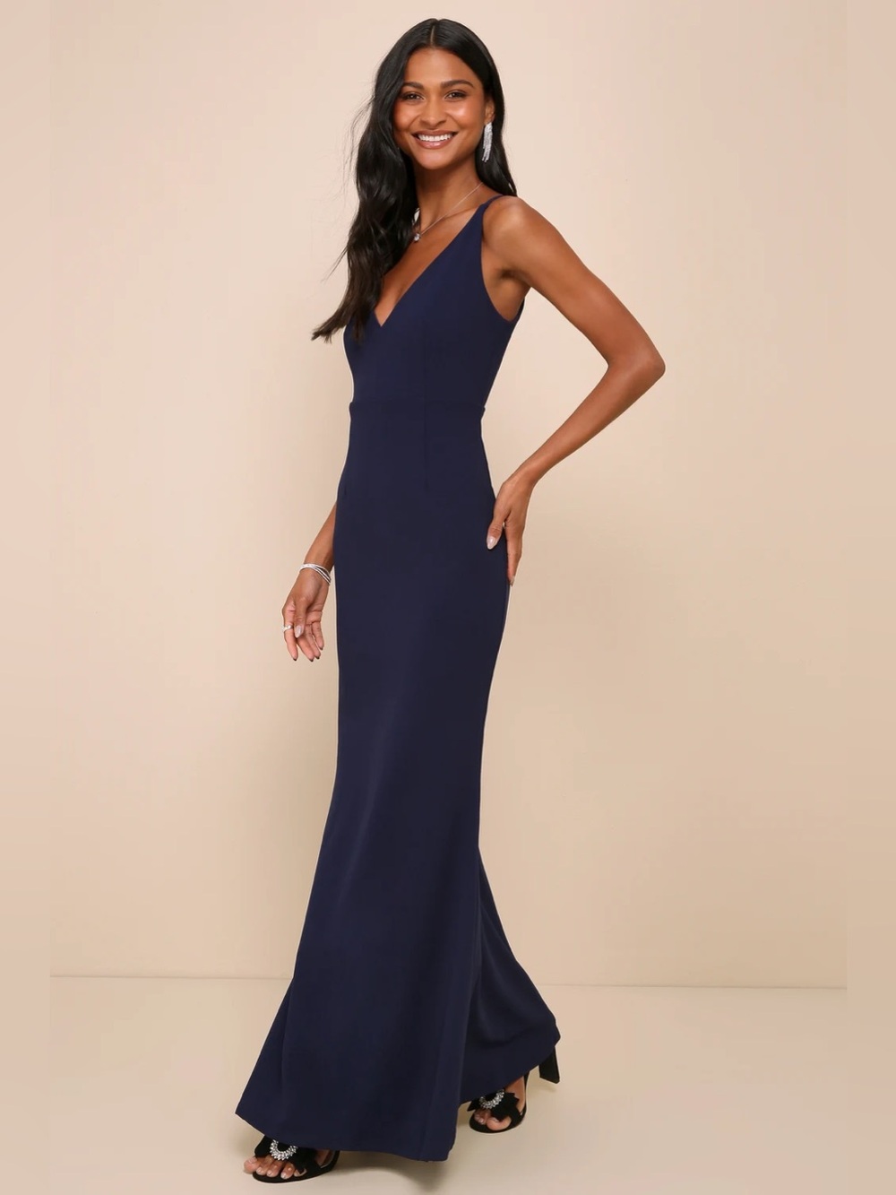 Lulus Melora Navy Blue Sleeveless Maxi Dress M NWT Elegant V-Neck Evening Gown - Picture 3 of 15